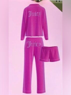BNWT Juicy Couture Logo 3 Piece Top, Pants & Shorts Pink Pajama Set Size XL